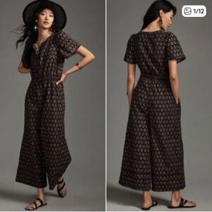 Anthropologie Somerset Wide Leg Cotton-Blend Jumpsuit In Black Motif, Size XS